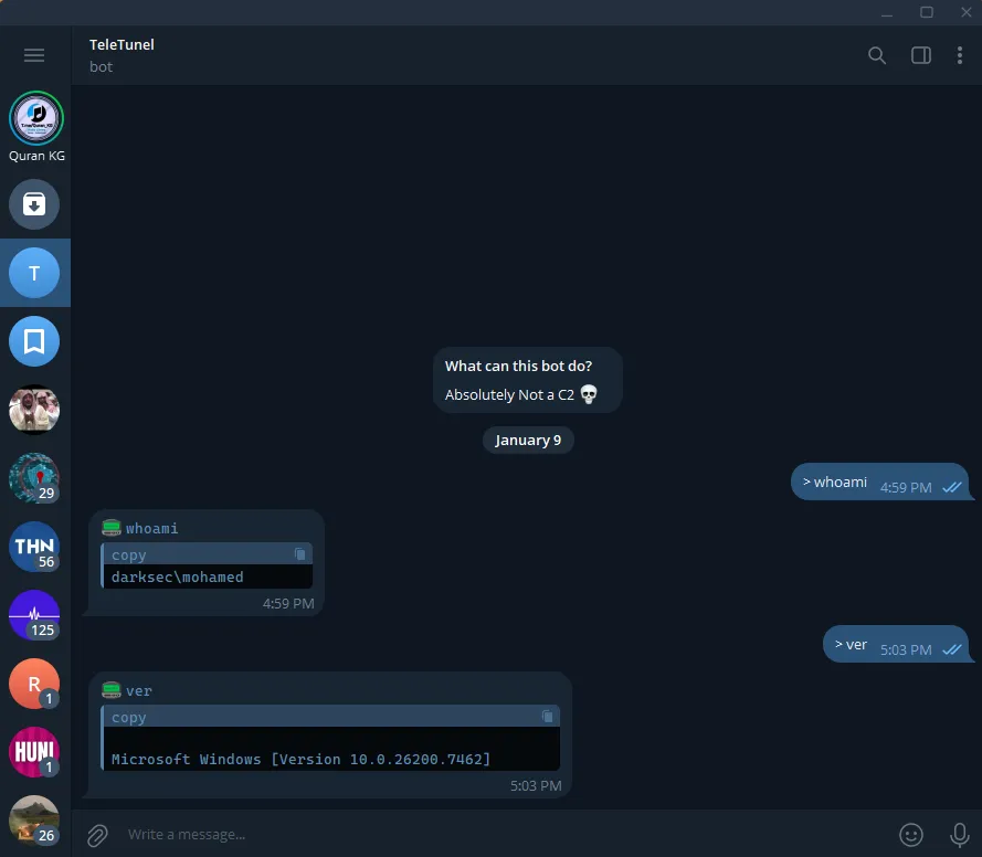 Bot response showing command execution output