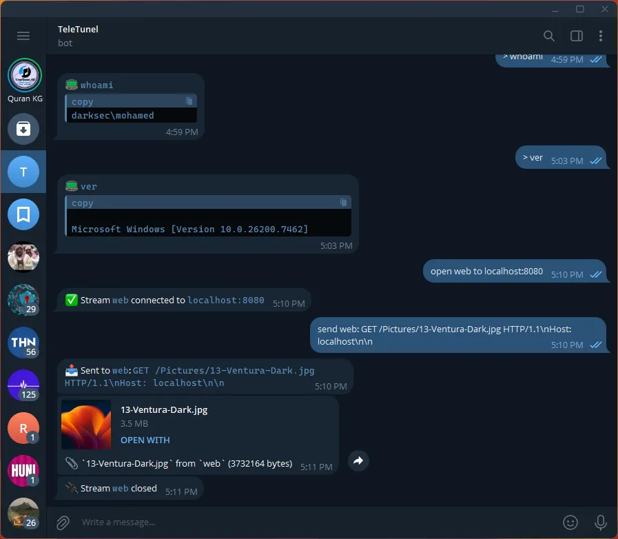 Bot response showing command execution output